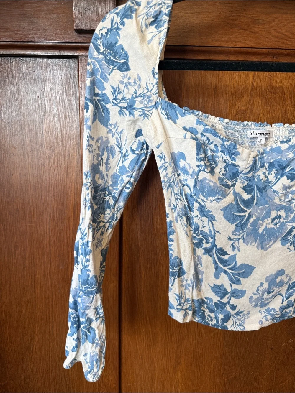 Reformation Cream and Blue Floral Puff-Sleeve Square Neck Top